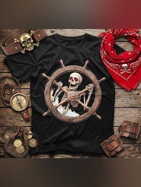 Unisex Skeleton Ship Wheel Tee | Pirate Ghost Graphic Shirt | Nautical Skull